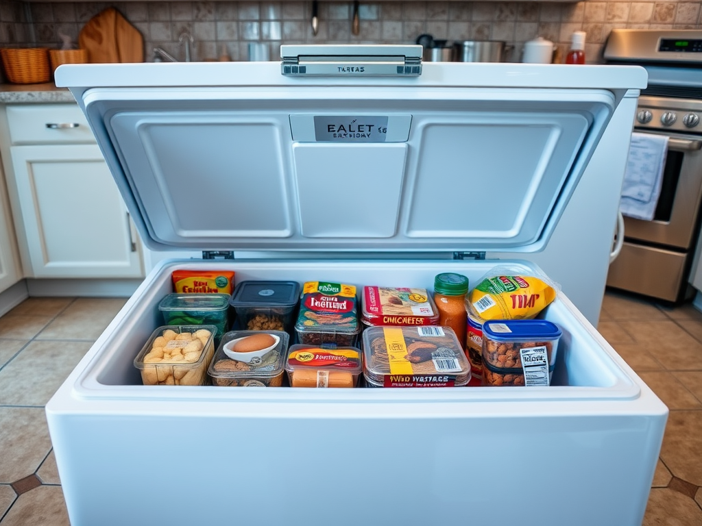 A white freezer filled with various food items, including packaged meats, vegetables, and snacks.