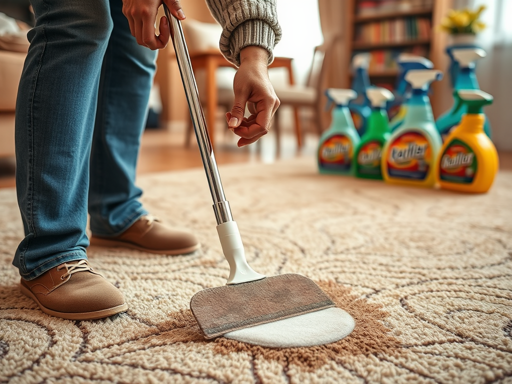 A person cleans a carpet with a mop while cleaning supplies are arranged in the background.
