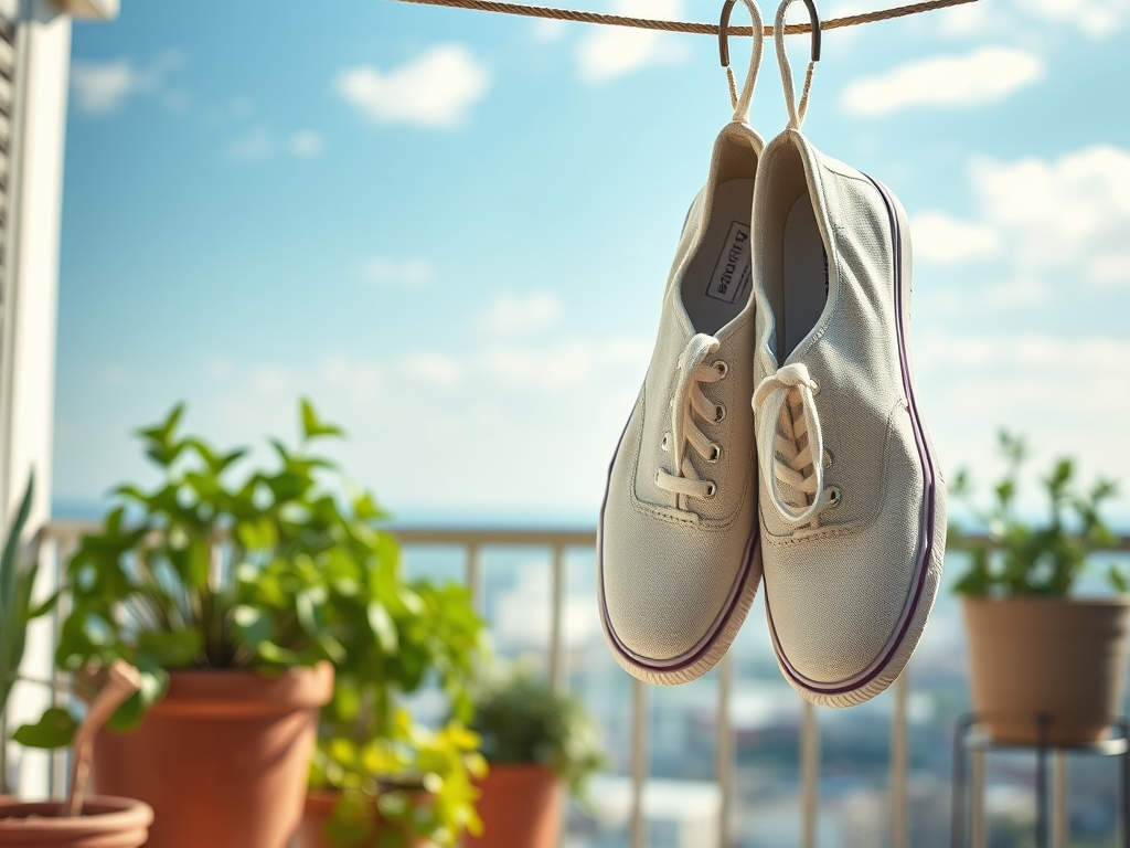 A pair of white sneakers hangs from a rope, with pots of green plants in the background and a bright blue sky.