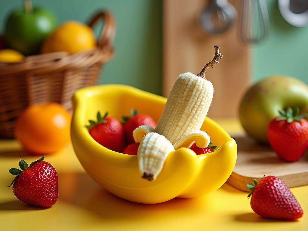 Bright still life of fresh fruits with banana, strawberries in a yellow bowl, and oranges in background.