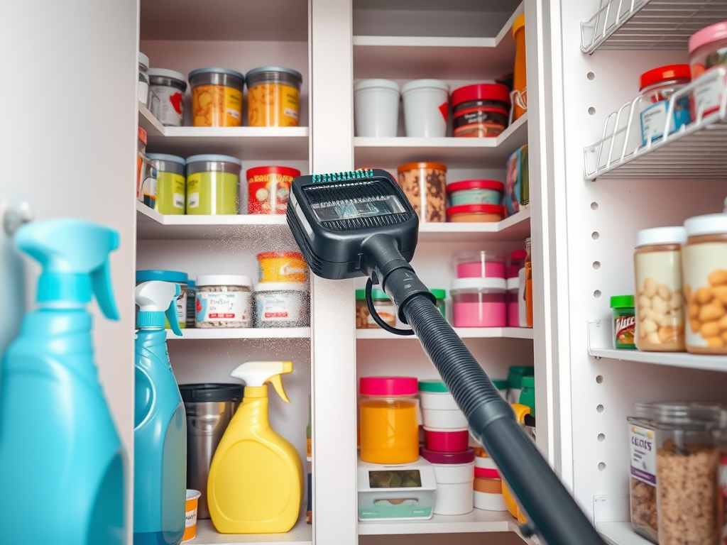 A cleaning tool pointed toward a neatly organized pantry filled with various jars and containers.
