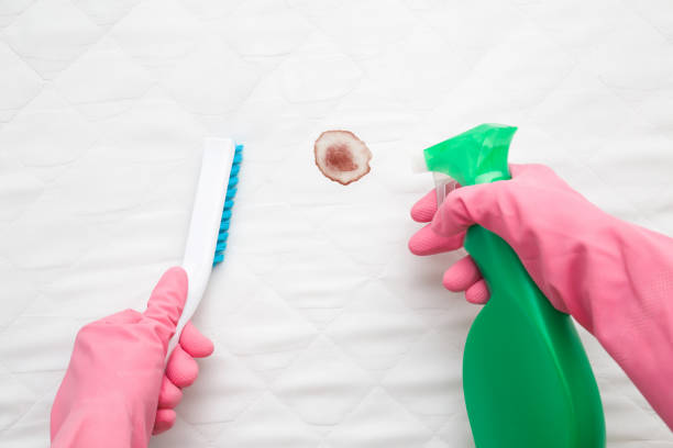 Step-by-step guide showing blood stain removal from mattress using vinegar