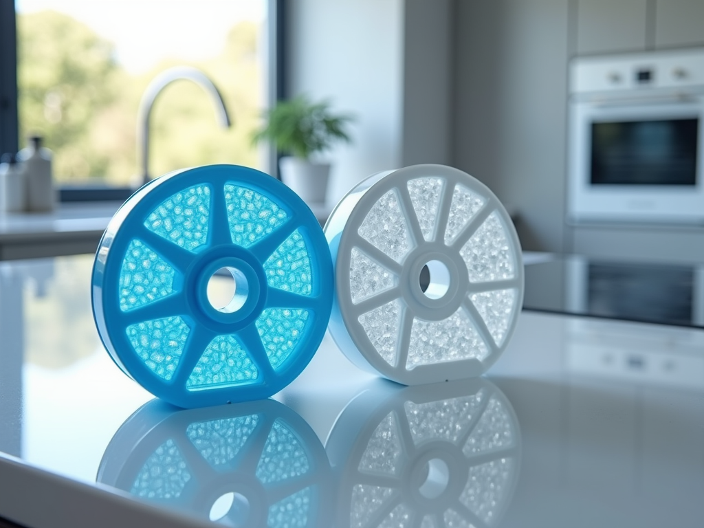 Two round, segmented containers on a kitchen counter, one blue, one white, with a blurred background.