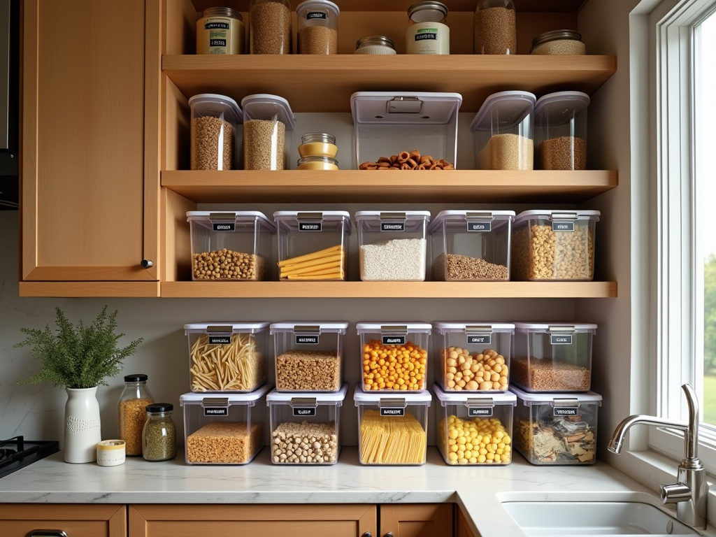 Well-organized kitchen cabinet with labeled containers of grains and pasta.