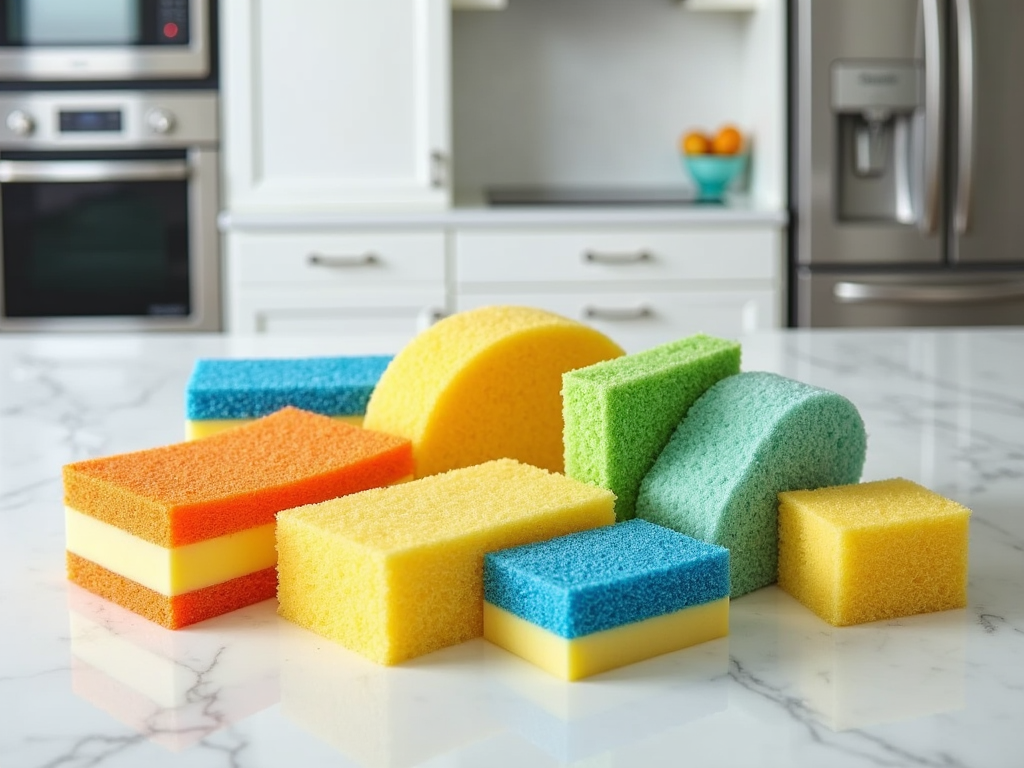 Colorful cleaning sponges on a marble kitchen counter, modern appliances in background.