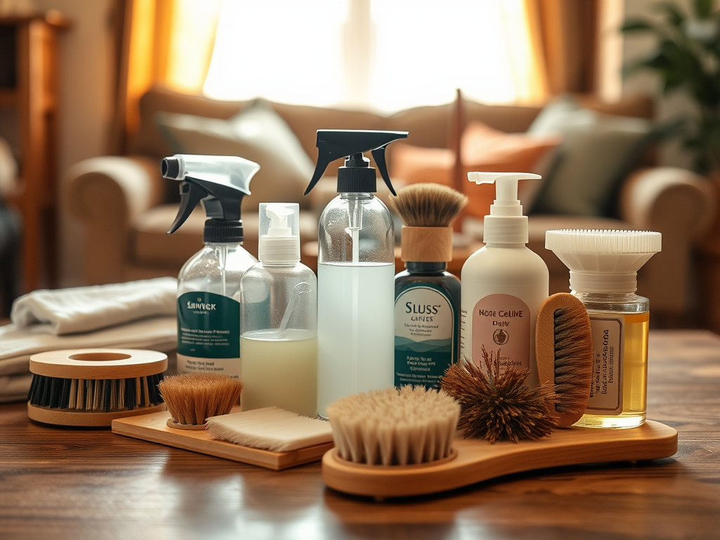 A collection of cleaning products and brushes displayed neatly on a wooden surface in a cozy living room setting.