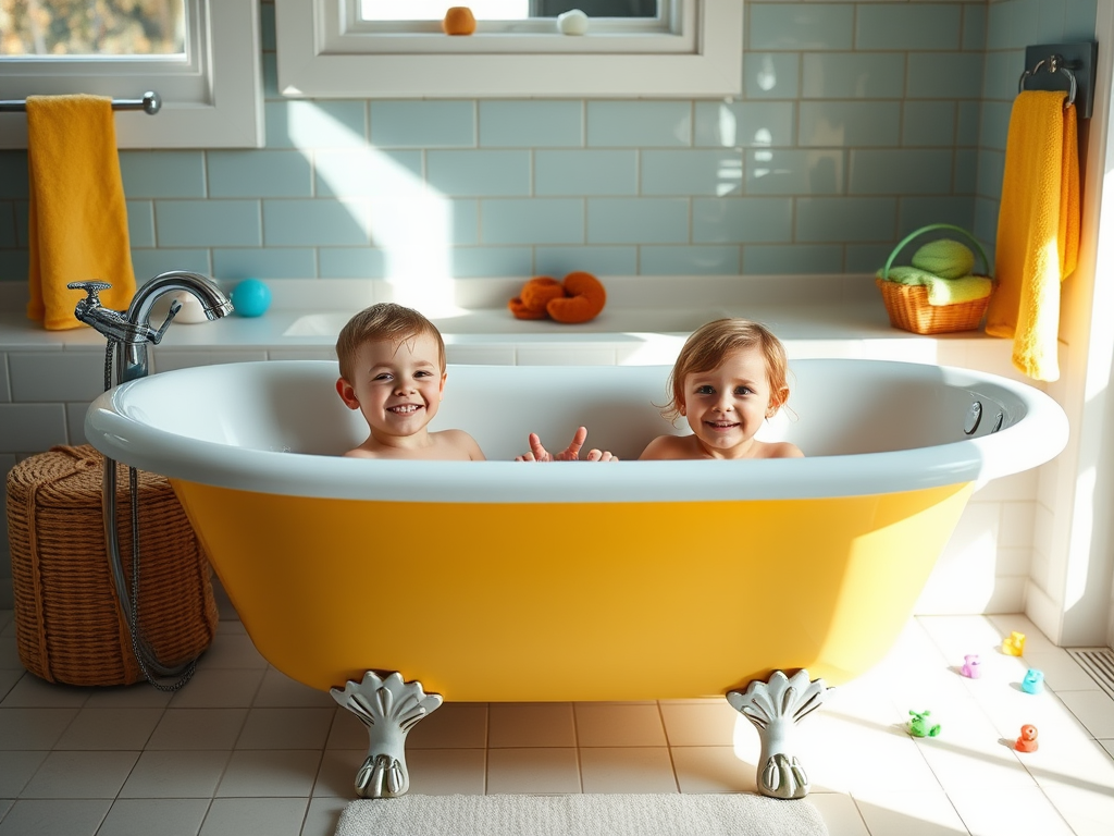 Two young children happily playing in a bright yellow bathtub, surrounded by colorful bath toys and cheerful décor.