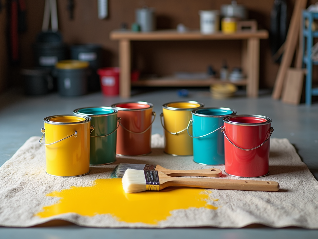 Colorful paint cans arranged on a table with a yellow spill and a paintbrush nearby.