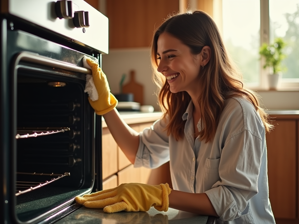 Smiling woman in yellow gloves cleaning an open oven in a sunlit kitchen.