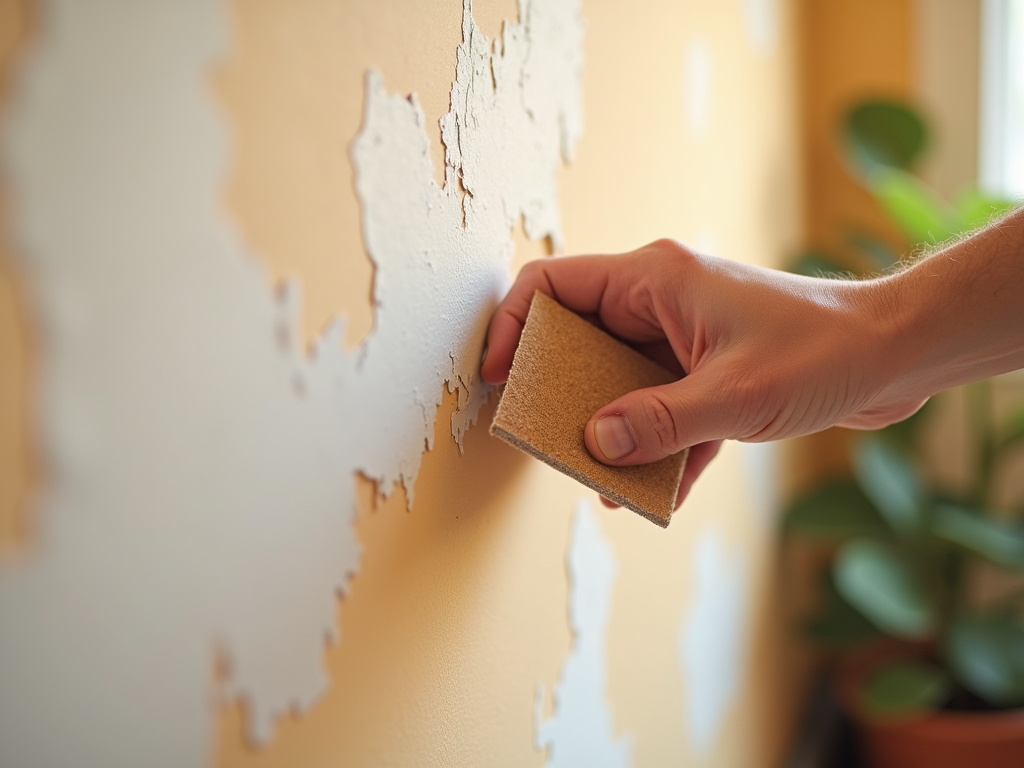 Hand using sandpaper to remove peeling paint from a wall.