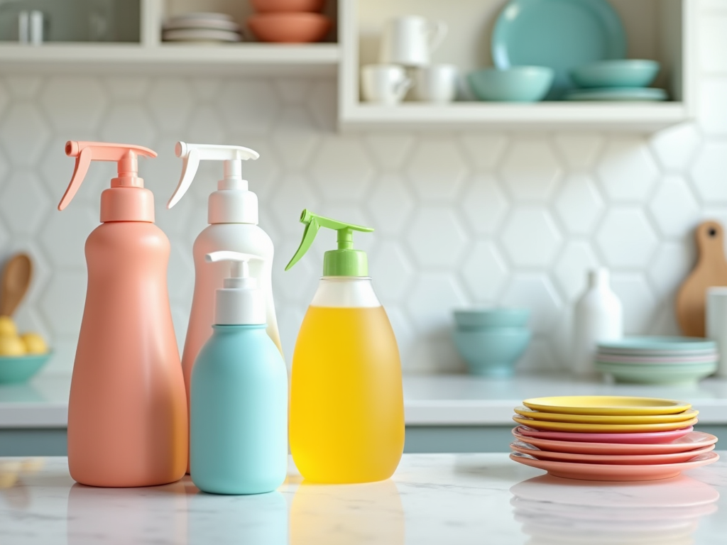 Colorful cleaning spray bottles on kitchen counter with dishes in background.