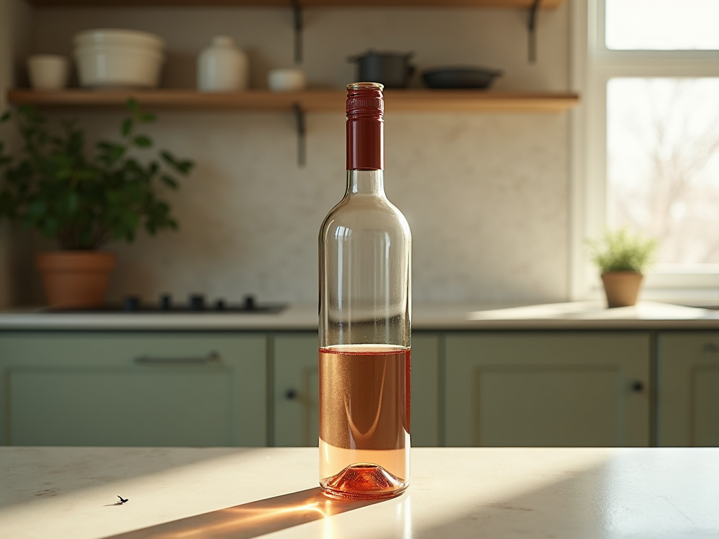 A single bottle of rose wine on a kitchen counter bathed in sunlight.