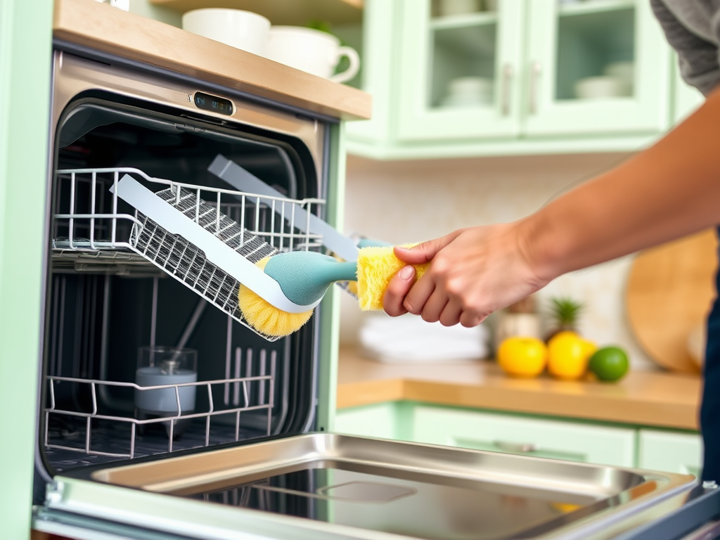 A person is cleaning a dishwasher rack with a sponge in a bright, modern kitchen. Fresh fruits are visible in the background.