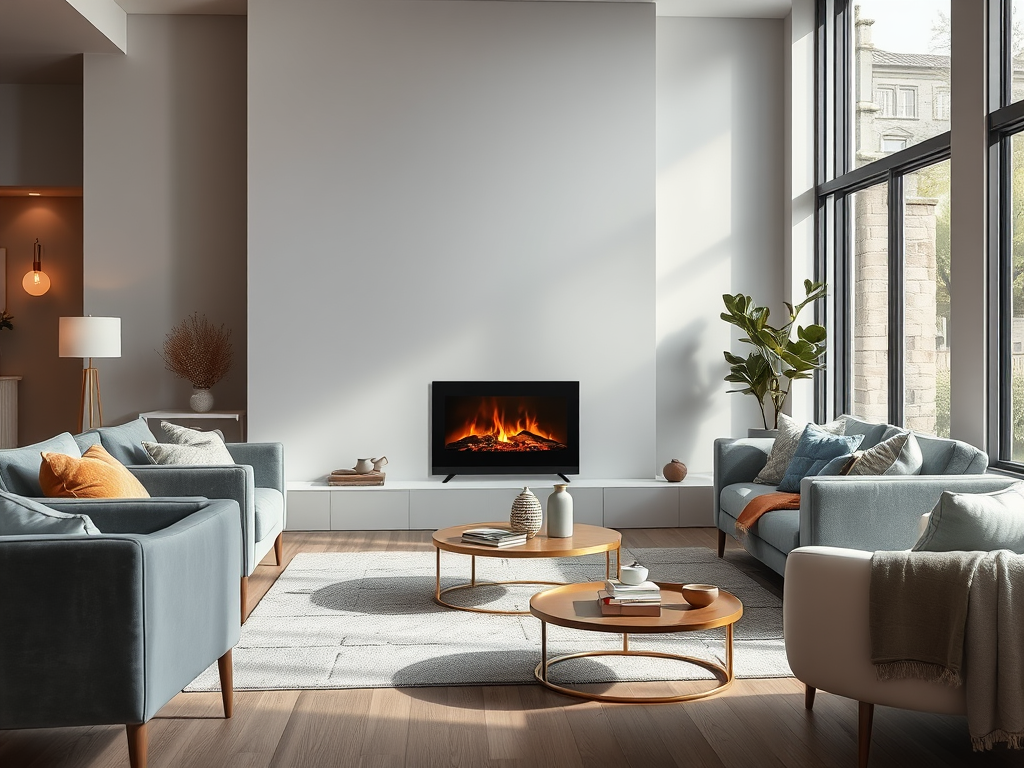 A cozy living room with modern furniture, a fireplace, and large windows letting in natural light.