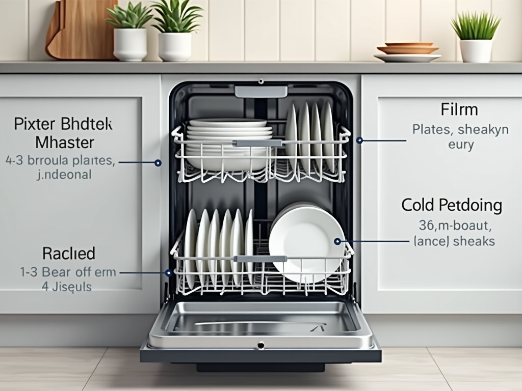 An open dishwasher filled with plates and utensils, labeled with nonsensical text on various components.