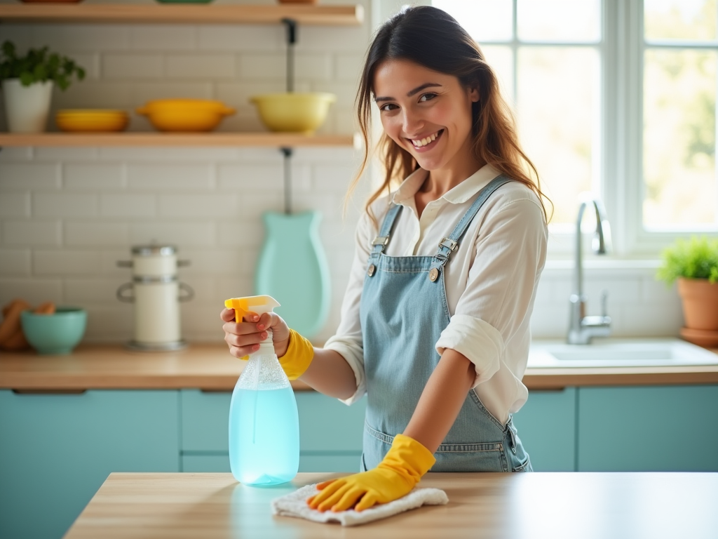 Young woman cleaning kitchen counter with spray bottle and cloth, smiling at camera.