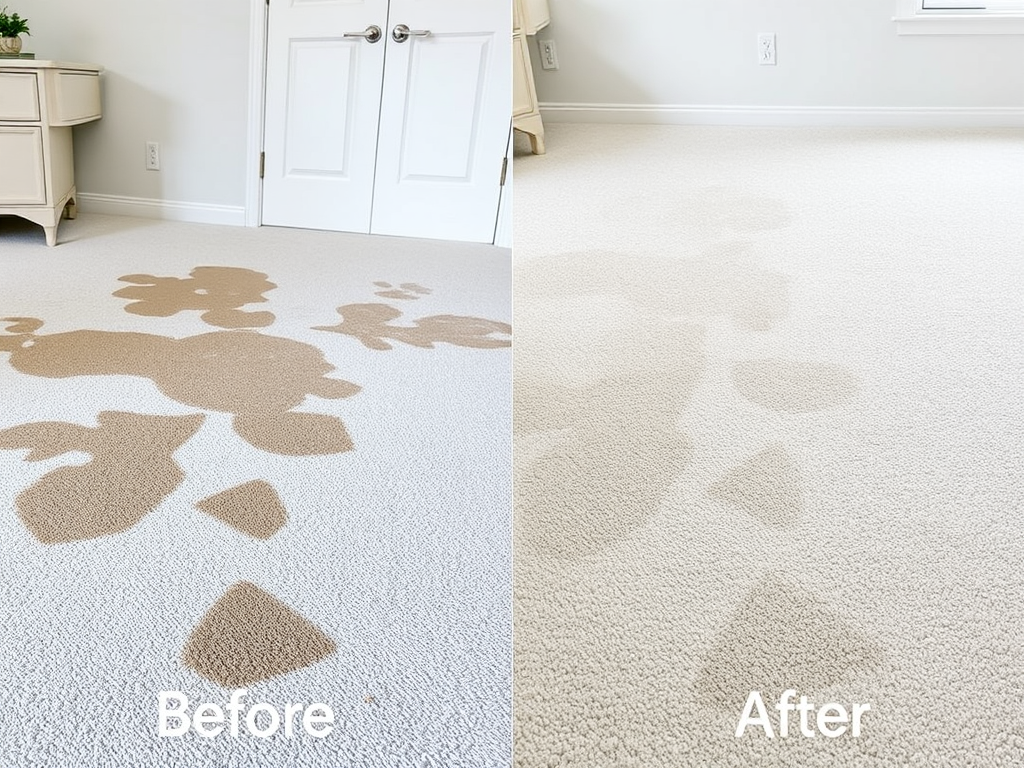 Before and after comparison of a carpet cleaning, showing significant stain removal and improved appearance.
