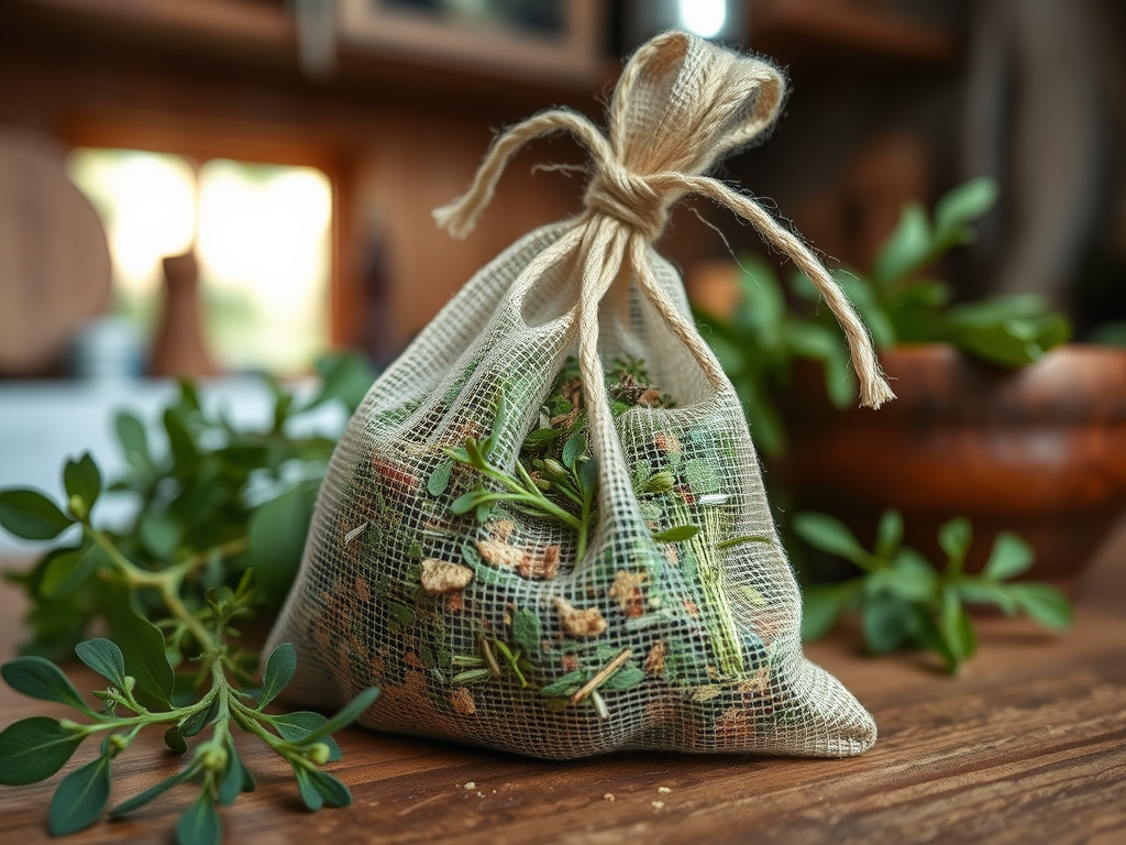 A mesh bag filled with dried herbs sits on a wooden table, surrounded by fresh green leaves and a wooden bowl.