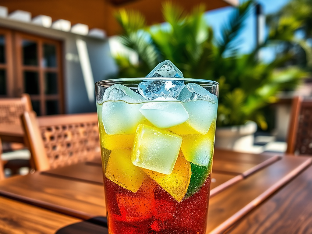 A refreshing glass of colorful drink with ice cubes, set on a wooden table with greenery in the background.