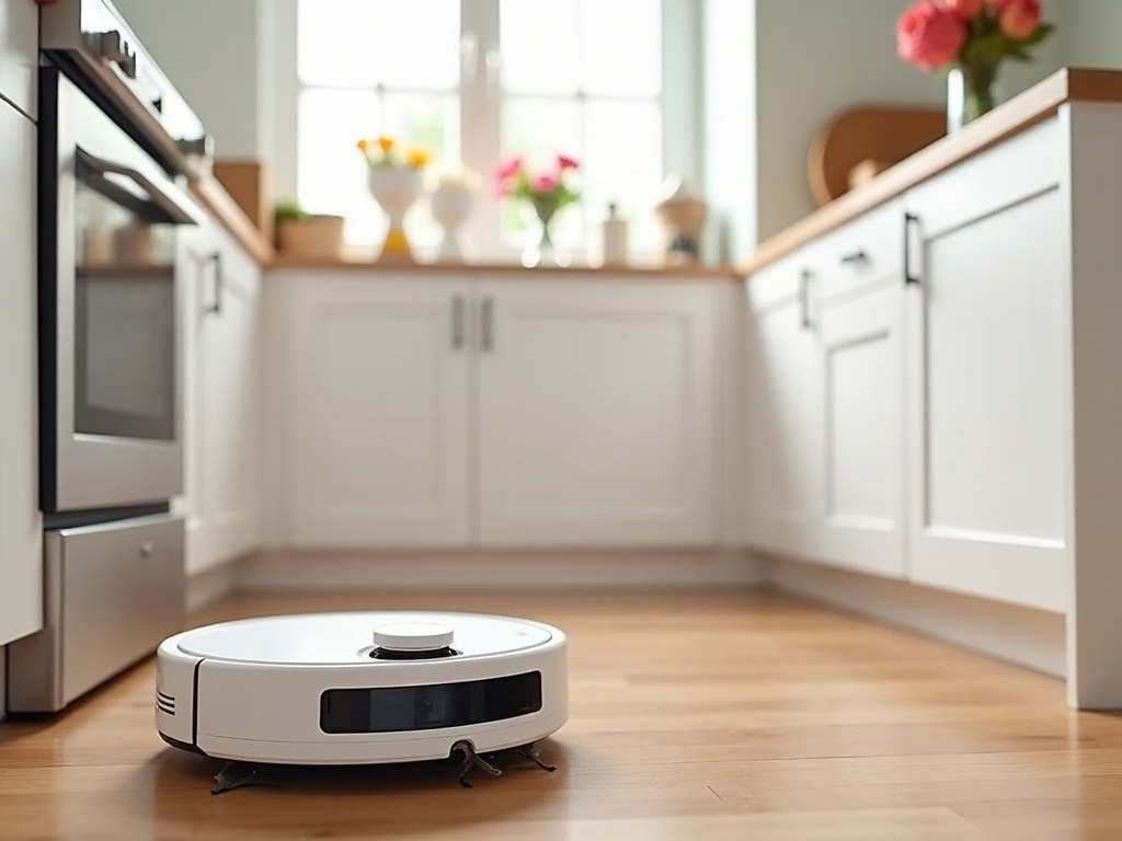 Robot vacuum cleaner operating on wooden floor in a modern kitchen.