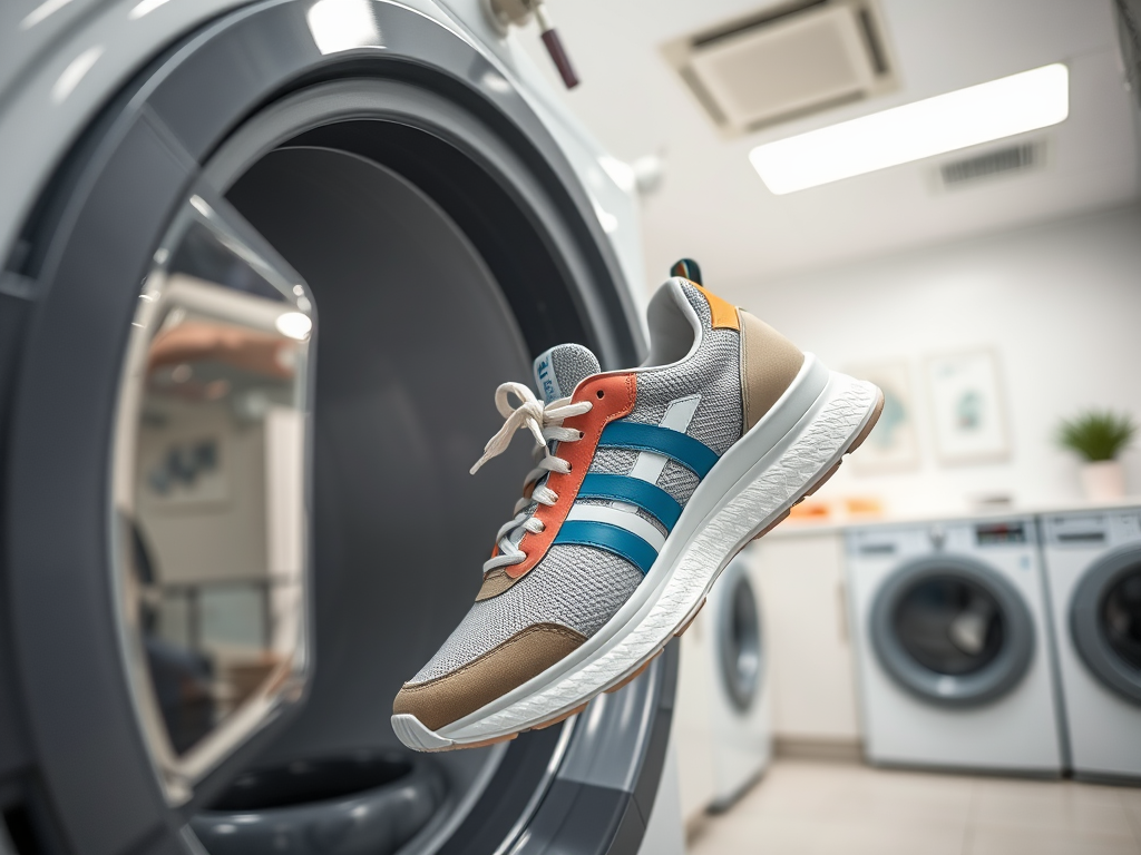 A close-up of a colorful sneaker partially inside a washing machine, with laundry machines visible in the background.
