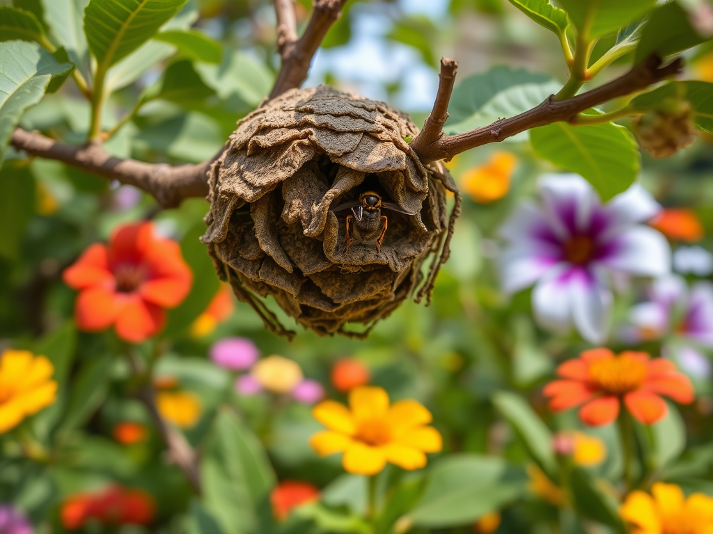A close-up of a wasp nest on a branch, surrounded by colorful flowers in a vibrant garden.