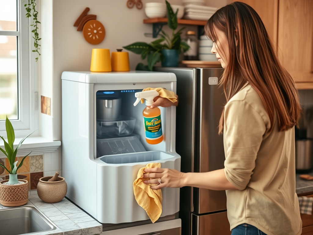 A woman cleaning a refrigerator while holding a spray bottle and cloth in a bright, modern kitchen setting.