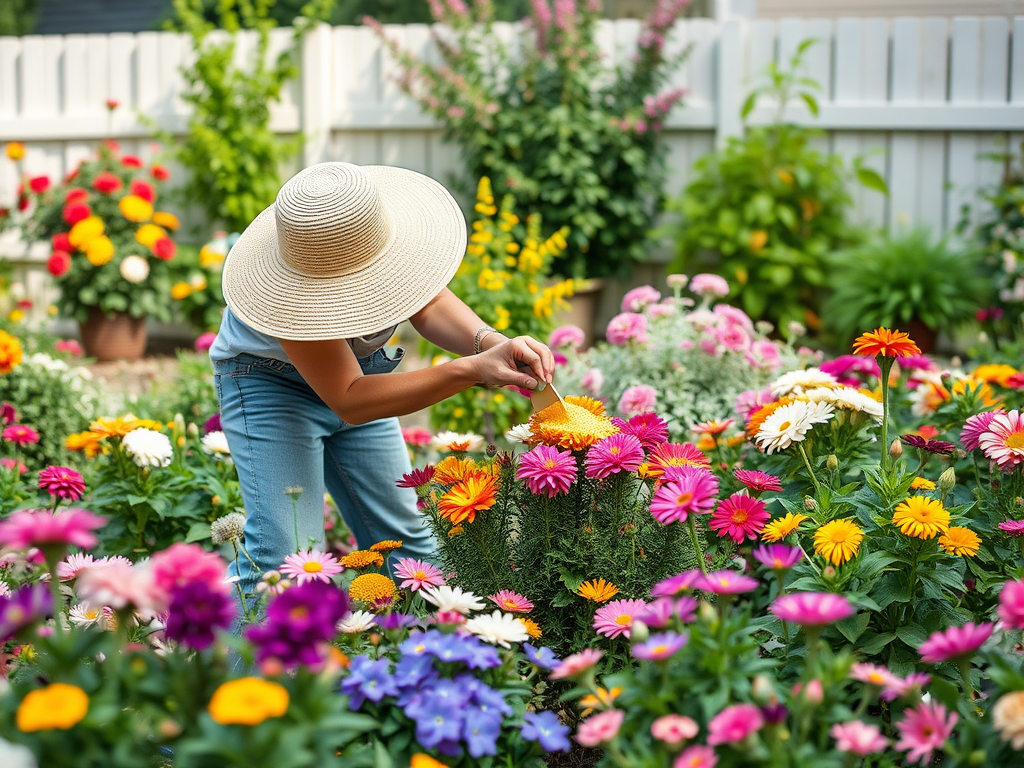 A person in a wide-brimmed hat tends to vibrant flowers in a lush garden filled with colorful blooms.