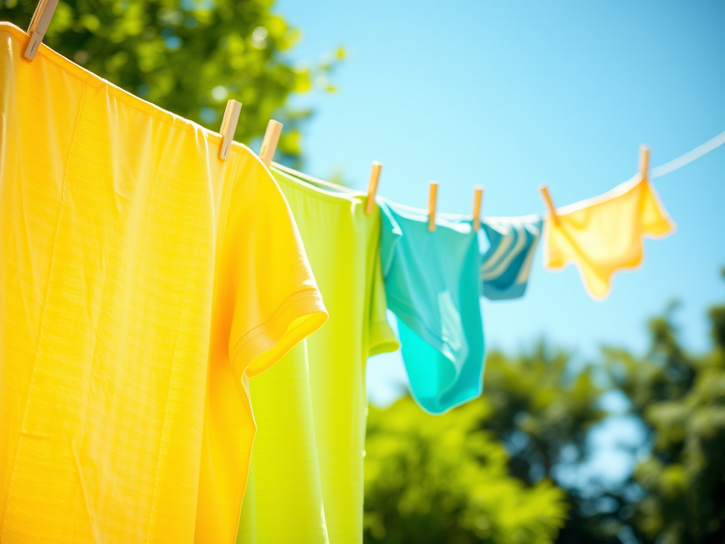 Colorful clothes hanging on a clothesline, swaying gently against a bright blue sky and green foliage background.