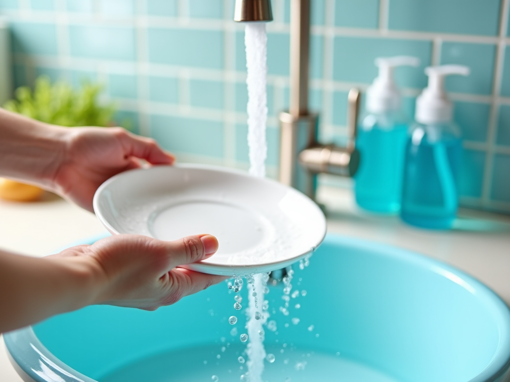 Hands rinsing a white plate under running water in a turquoise sink, with soap dispensers in the background.