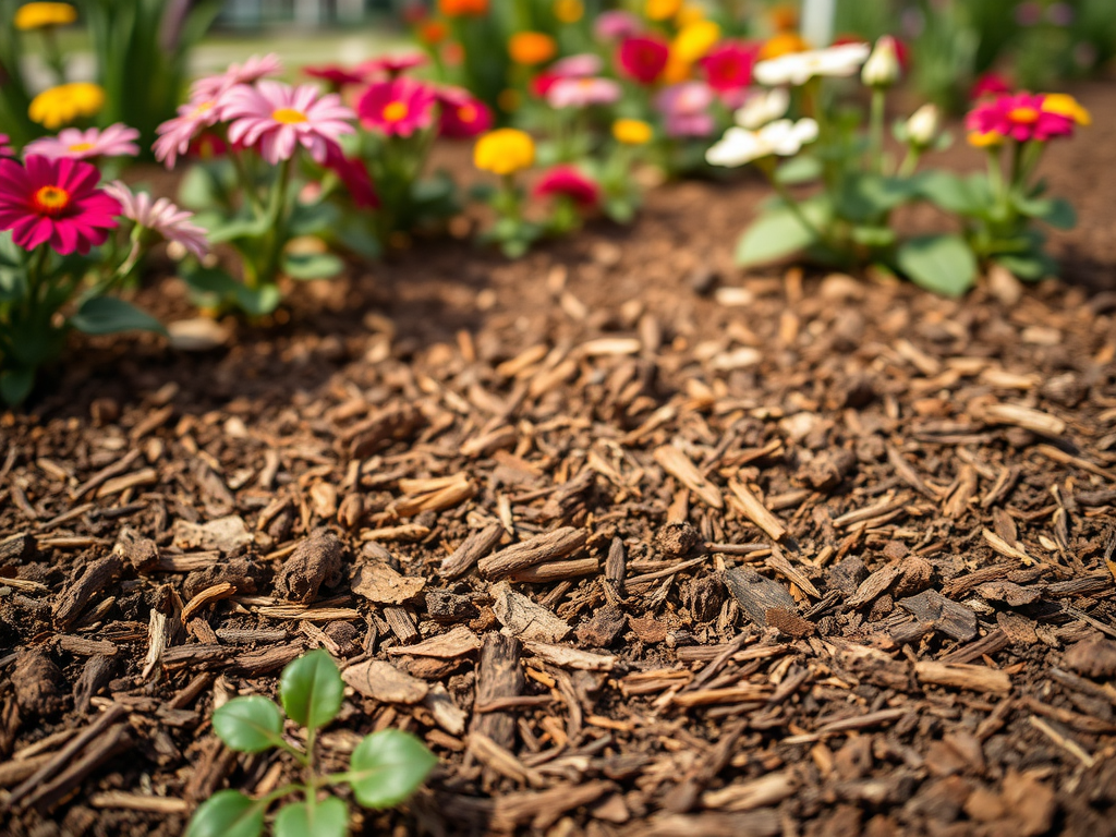 A close-up of mulch covering soil, with colorful flowers blooming in the background. Green leaves peeking through.