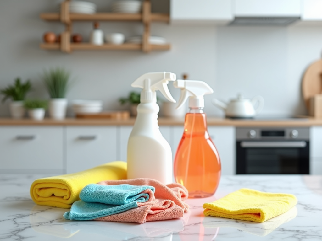 Colorful cleaning cloths and spray bottles on a kitchen counter with a blurred background.