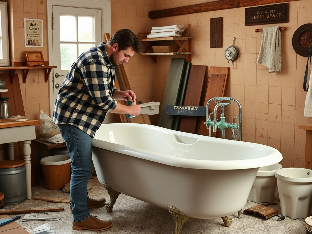 A man in a checkered shirt repairs a vintage bathtub in a cozy workshop filled with wooden items and tools.