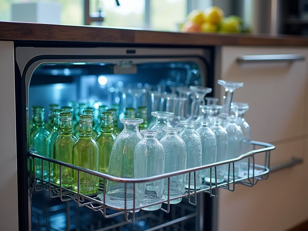 Dishwasher open with clean green and clear bottles arranged on a rack.