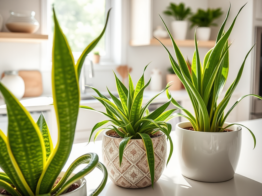 Three potted green plants with long leaves arranged on a white countertop, bathed in sunlight.