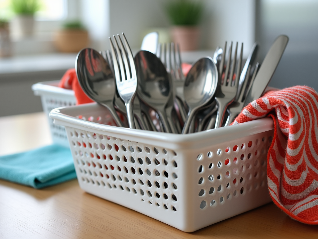 A white plastic basket filled with shiny silver forks, knives, and spoons, next to a red-striped cloth.