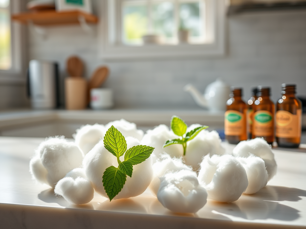 Cotton balls with green mint leaves arranged on a kitchen countertop, with essential oil bottles in the background.