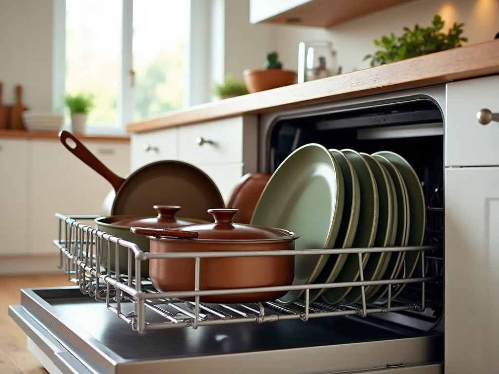 Dishwasher open with clean dishes and pots in a bright kitchen setting.