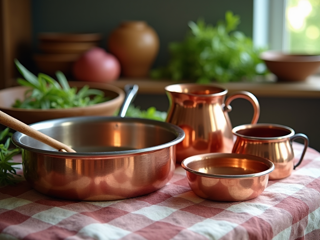 Copper cookware on a checkered tablecloth in a kitchen with herbs and pottery in the background.