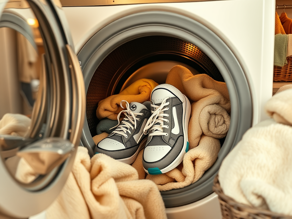 A washing machine with sneakers on top of a pile of blankets, glowing with a warm light from inside.