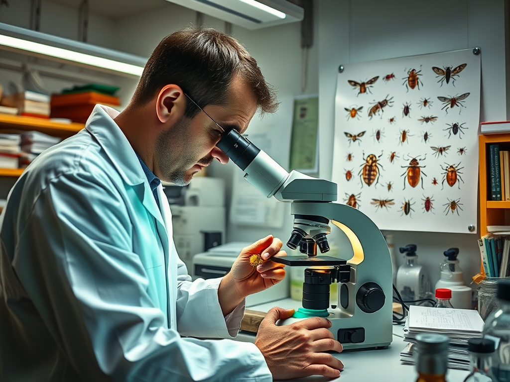 A scientist examines specimens under a microscope in a lab filled with reference materials and insect illustrations.