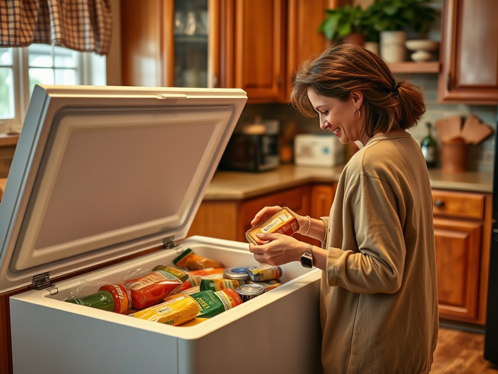 A woman smiles as she inspects food items in a white chest freezer in a cozy kitchen.