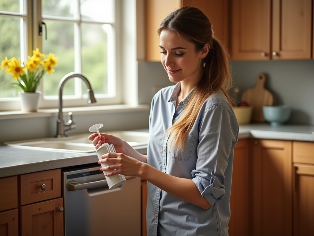 Woman in a kitchen pouring a drink with a bright window and flowers in the background.