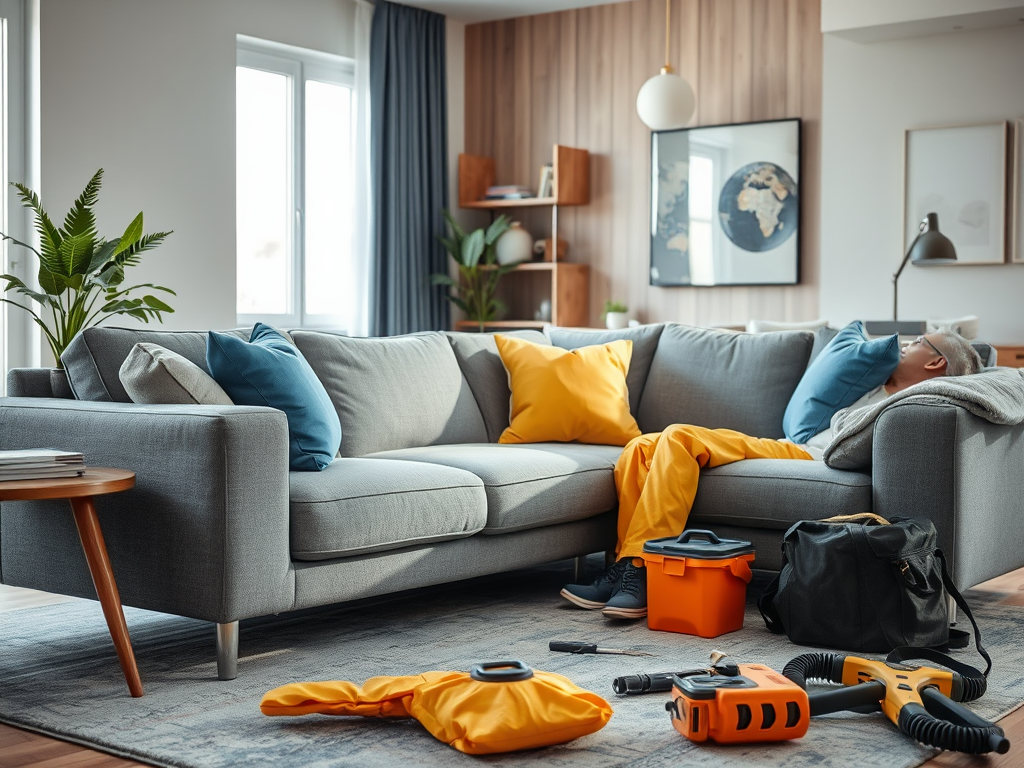 A cozy living room with a gray sofa, colorful cushions, a sleeping person, and scattered tools on the floor.