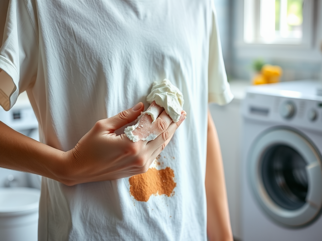 A person holds a sticky substance in one hand while a powder stain is visible on their shirt.