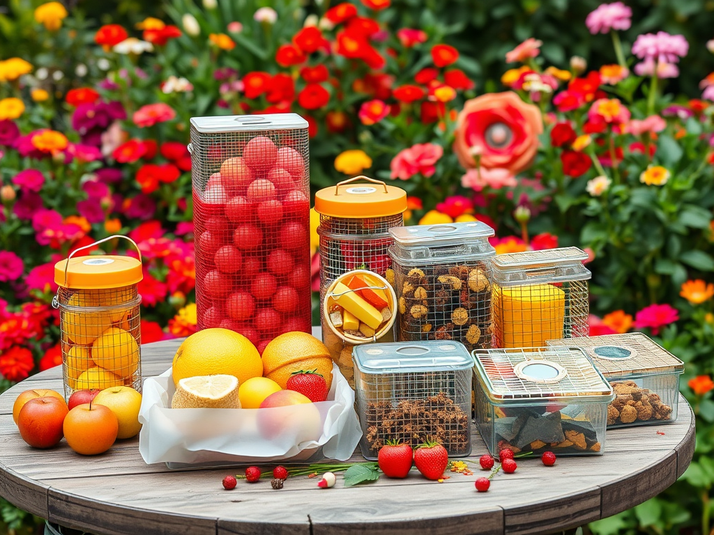 A variety of fresh fruits and colorful snacks in containers on a table, surrounded by vibrant flowers.