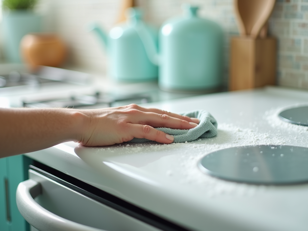 Hand cleaning a white kitchen counter with a cloth, scattered flour around, teal kitchen accessories in background.