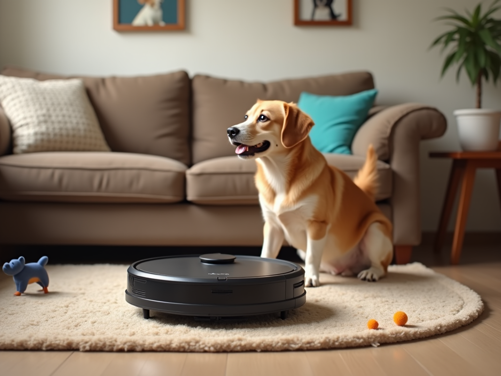 A happy dog watches a robotic vacuum cleaner next to a toy on a rug in a cozy living room.