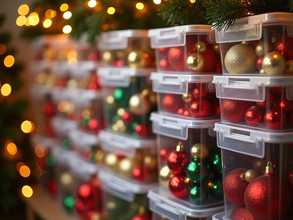 Stacked transparent storage boxes filled with colorful Christmas ornaments, blurred lights in background.