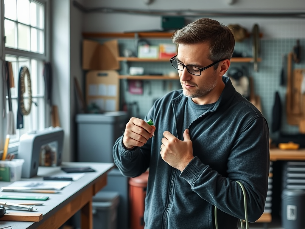 A man in a workshop examines a small green component, surrounded by tools and workspace items.